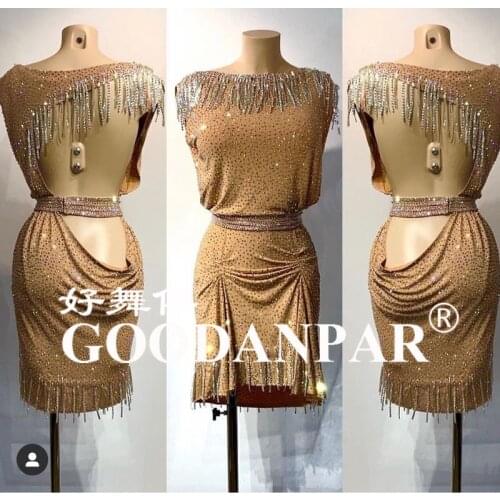 2021 sexy salsa dress costume color women comptition dancewear ladies dresses gold rhinestone Salsa Samba Performing Dress