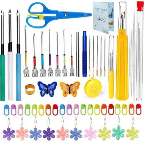 LMDZ 59 Pcs Punch Needle Set, Embroidery Beginner Kit with Punch Needles Sewing Seam Ripper Scissor Measure Tape Needle Threader