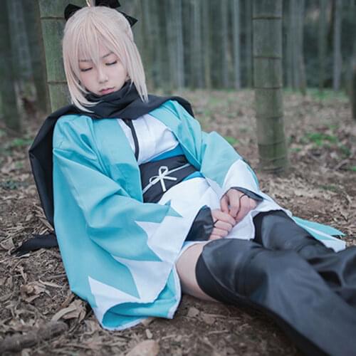 Anime Fate/Grand Order Samurai Kimono Robes Okita Souji Cosplay Costume Girl Halloween Carnival Party Dress Blue Coat Uniform