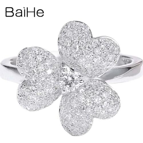 BAIHE Solid 14K White Gold 0.08ct Natural Diamond 0.64ct Natural Diamonds Wedding Band Fine Jewelry Flower Ring Women Kольца