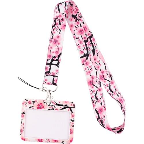JF717 Cherry Blossoms Keychain Flower Print Lanyards Badge ID Holder ID Card Pass Mobile Phone USB Neck Straps Badge Holder