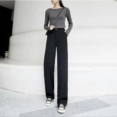 2021 New Women Casual Pants Loose Style Straight Suit Pants High Waist Chic Office Ladies Trousers Streetwear Female