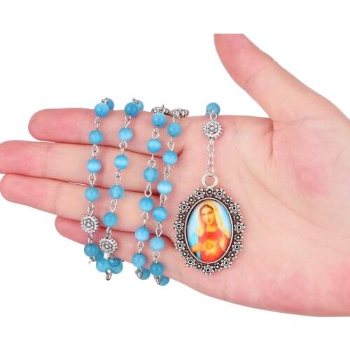 Religious Catholic Heart Virgin Mary Center Pendant Necklace Blue Natural Stone Rosary Bead Necklace The Seven Sorrows Jewelry