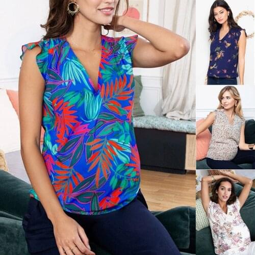 Maternity Clothes Sleeveless Floral Print Summer Shirt Ruffles Elegant Casual Nurse Top Pregnant Women Clothes Female T-Shirt