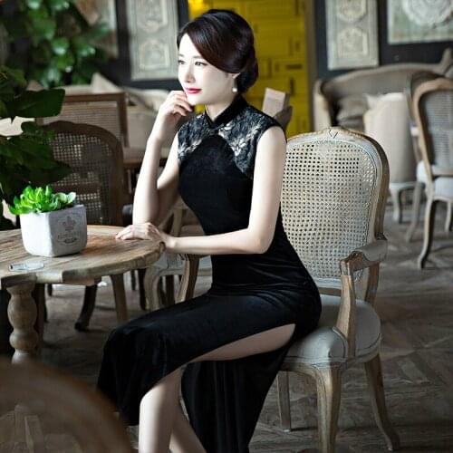 New Black Lace Cheongsam Long Dress Waist Slim Retro Elegant Sleeveless Dress for Daily and Reception