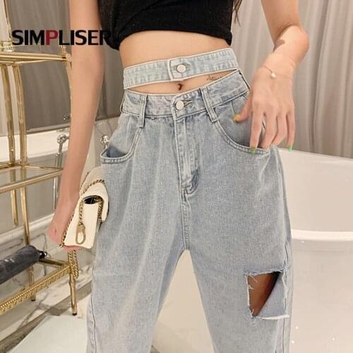 Ripped Boyfriend Jeans Pants Women Cut Up Jeans Pants High Waisted Light Blue Denim Trousers Distressed Jeans Streetwear Female