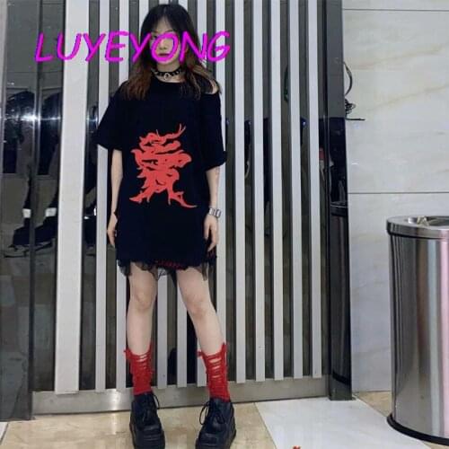 Summer Hollow Out Girl O Neck Abstract Dragon Print Short Sleeve T-shirt Black Gothic Lady Character Harajuku T Shirt Streetwear