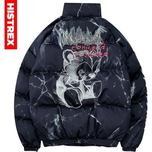 2020 Hip Hop Jacket Parka Hurt Bear Print Men Winter Windbreaker Streetwear Harajuku Padded Jacket Coat Warm Outwear Hipster New