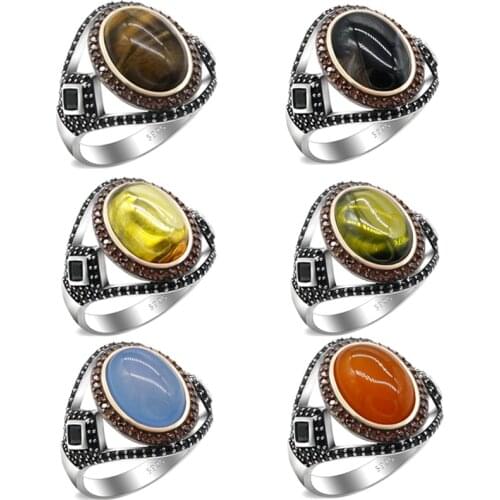 Classic Natural Agate Stone Mens Ring 925 Sterling Silver Punk Style Simple Hollow Design Turkish Lucky Wedding Jewelry Ring
