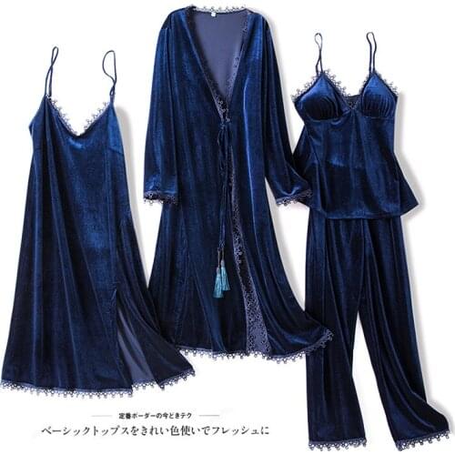 4 Pieces Womens Robe & Gown Sets Sexy Bathrobe Sleepwear Suit Winter Warm Velvet Nightwear Robe Femme Lingerie Home Clothes