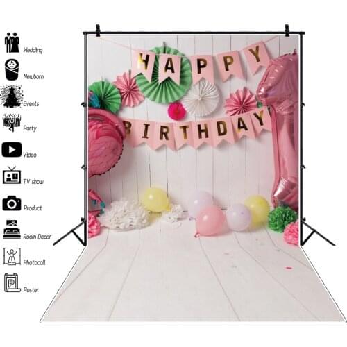 Laeacco Happy Birthday Photocall Paper Umbrella Balloons Flowers Flamingo Baby Portrait Photography Backdrops Photo Backgrounds