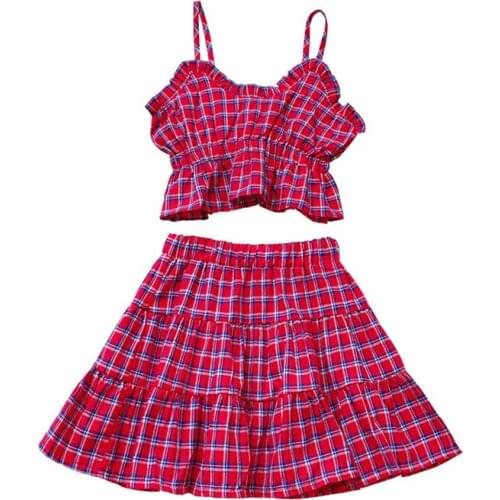 Summer Kids Toddler Girl Clothes Suit Fashion French Style Plaid Girls Clothing Set Sling Short Tops + Skirt 2Pcs Casual Outfits