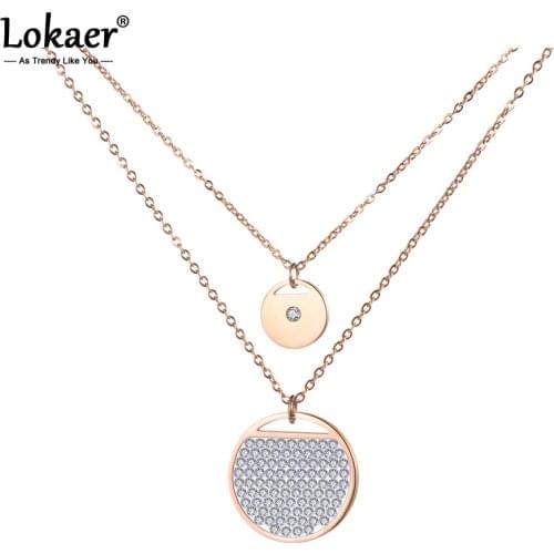 Lokaer Stainless Steel Jewelry 2 Layers Rhinestones Round Shape Necklace Rose Gold Color Chain New Year Gift N18281