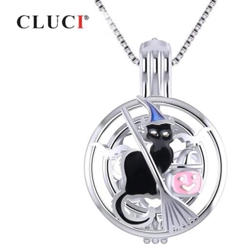 CLUCI Silver 925 Halloween Pendant Black Witch Cat Round Shaped Pendant Women 925 Sterling Silver Jewelry Pearl Locket SC314SB