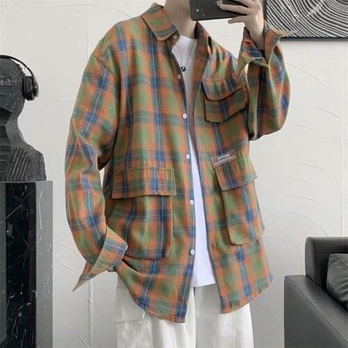 2021 Mens Long Sleeve Lattice Printing Shirts Pocket Camisa Masculina Streetwear Clothes High-quality Shirts Plus Size M-2XL