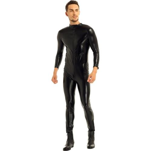 Mens Black Moto Fashion Party Costumes Sets Wetlook Front Zipper Catsuit Bodysuit Jumpsuit Jockstraps Bulge Pouch Clubwear
