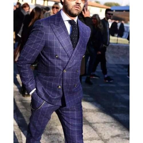 Purple Plaid Men Suits Peak Lapel Wedding Tuxedo Groom Wear Costume Homme 2PCS Slim Fit Terno Masculino Blazer Jacket+Pant