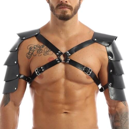 Mens Lingerie Faux Leather Adjustable Body Chest Harness Bondage Costume with Shoulder Armors Buckles