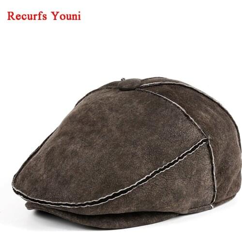 Winter Men Korean Thicken Hand-stitched Fur One Warm Forward Beret Male Genuine Leather Wool Hats Fitted black/Grey Tab Boina