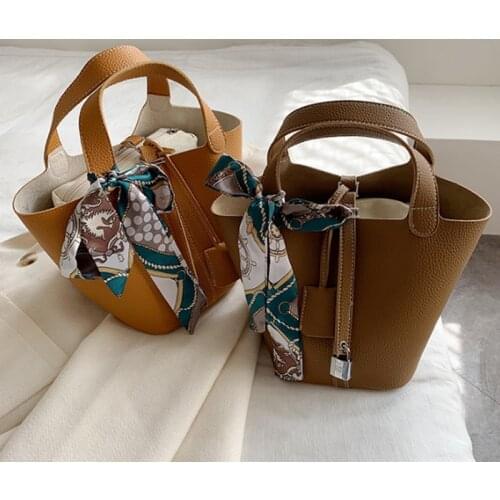 New PU leather shoulder handbag basket bag fashionable versatile bucket bag silk scarf large capacity women bag