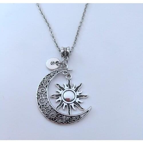 New Crescent Moon Necklace/Sun Initial/Moon Sun Necklace/Sun Moon/Celestial Initial Necklace/Sun Charm Necklace fashion