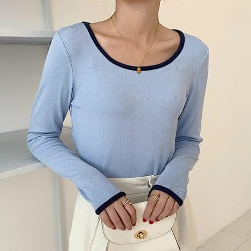 Autumn Screw Thread Elasticity Knitted Cotton T Shirt Women Blue Long Sleeve O Neck Pactwork Slim Korean Tshirts Woman Tops Tees