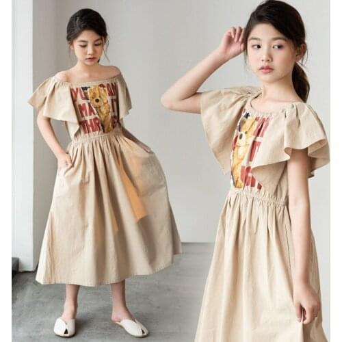 8 To 16 Years,2021 New Summer Girls Midi Dress Shoulderless Kids Clothes Cartoon Pockets Children Novely 2 Styles to Wear ,#6179