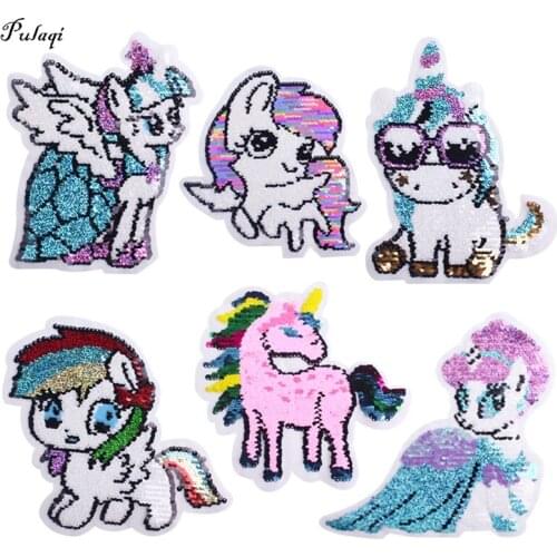 Pulaqi Unicorn Rainbow Sequined Patch On Clothes Reversible Change Color Stickers Stripes Cartoon Unicorn Patch For Clothing DIY