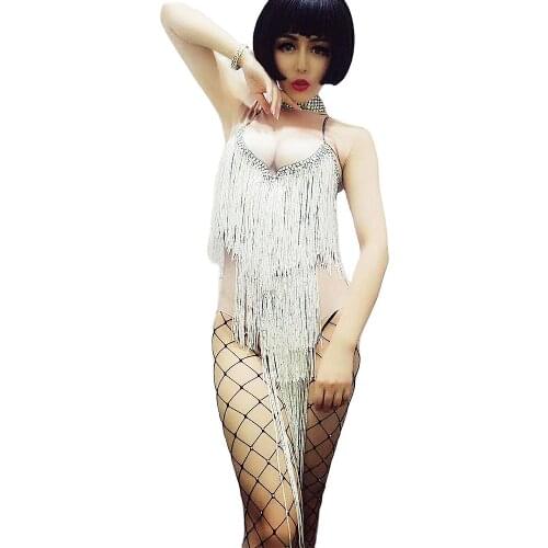 Glistening Rhinestones White Fringe Jumpsuits Women Birthday Celebrate Party Luxury Costumes Nightclub Singer Dance Stage Wear