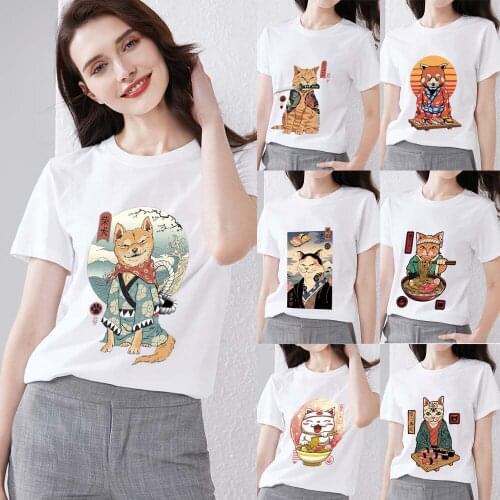 Womens T-shirt Summer Womens Casual Fashion Japanese Vitality Cartoon Cat Top Harajuku Pattern Printing Series Slim O-neck Top
