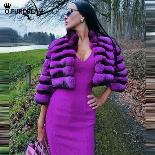 Q.FURDREAM New Trendy Short Style Real Rex Rabbit Fur Coat V-Neck Nine Quarter Sleeves Autumn Winter Warm Women Fashion Jacket