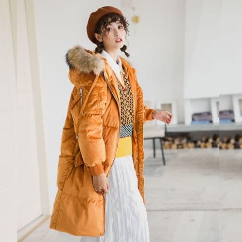 Women 2021 Winter New Long Loose Down Jackets Female White Duck Down Thick Warm Coats Ladies Real Fur Collar Hooded Outwear E600