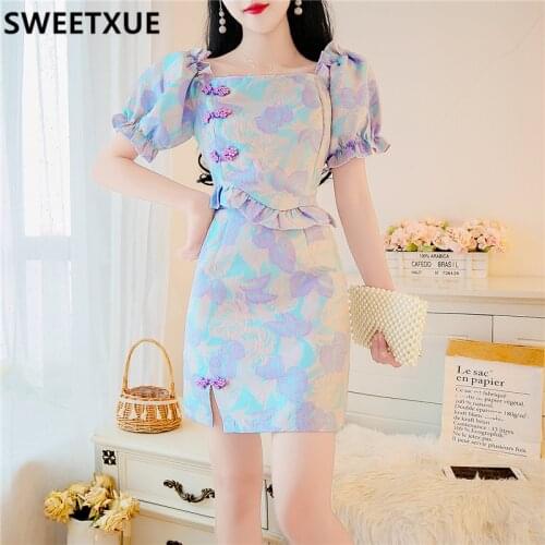 SWEETXUE 2021 Korean Summer French Style Fashion Suit Square Neck Puff Sleeve Short Top + High Waist Skirt 2-piece Sets Women