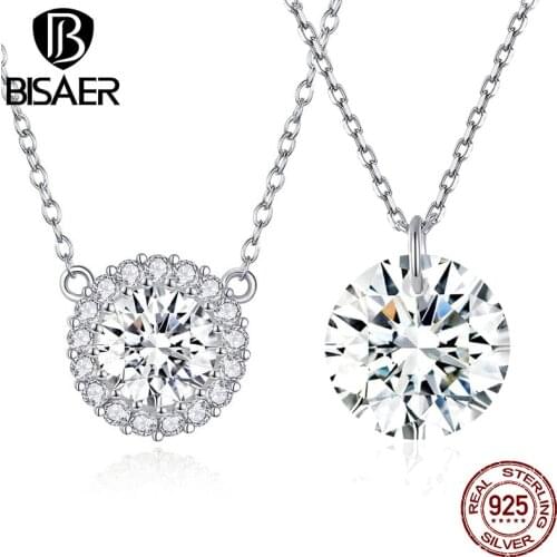 Wedding Necklaces BISAER 925 Sterling Silver Round Circle Pendant Clear Cubic Zircon CZ Women Collar Luxury Jewelry ECN345