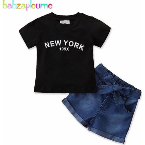 2Piece/1-5Years/Toddler Girls Clothes Summer Casual Fashion Letter Black Baby T-shirt+Denim Shorts For Kids Clothing Sets BC1314