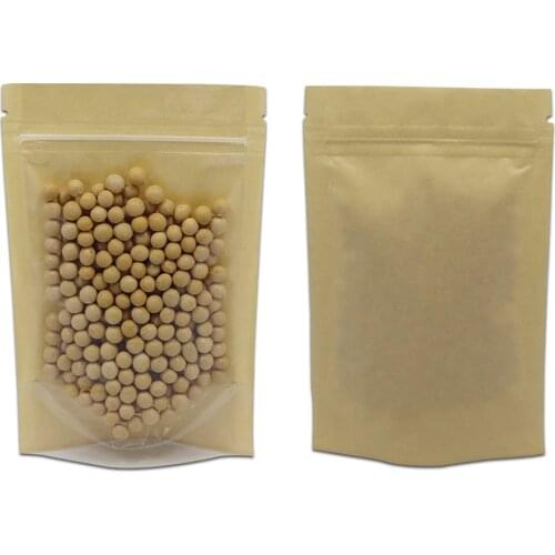 300Pcs Stand Up Front Clear Plastic Bag Back Brown Kraft Paper Zip Lock Package Bag Snack Sugar Organizer Pouches With Zipper