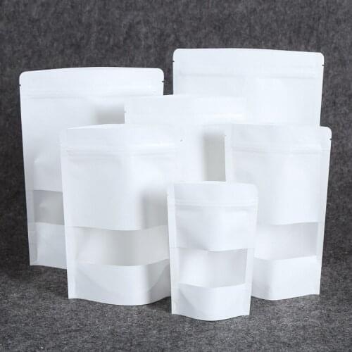 50pcs/lot White Zipper Standup Kraft Paper Bags Gift Packaging Bags Coffee/Food/Candy/Party/Wedding Gift Ziplock Bags Wholesale