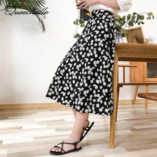Black Women Elegant High Waist Chiffon Skirt Summer 2020 Vintage Floral Print Casual A-line Skirt Ladies Retro Midi Skirt Yellow