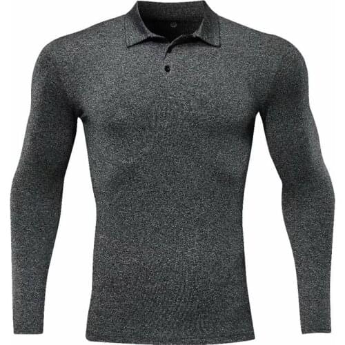 GYM Fitness POLO T-Shirt Mens Gym Running Polo Shirt Compression Tights Breathable Long Sleeve Sports Rashguard Jersey