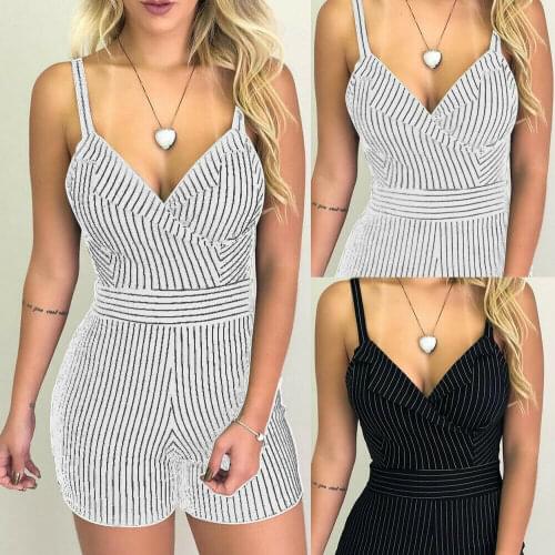 Summer Fashion Sexy Womens OL Striped Short Bodysuit Suspenders Jumpsuit Romper Tie Waist Playsuit Holiday Beach Sundress