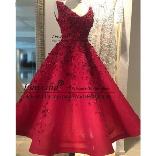 Pretty Embroidery Beaded Red Evening Dresses Elegant 3D Flower Lace Prom Dresses Ankle Length Formal Party Dress Abendkleider