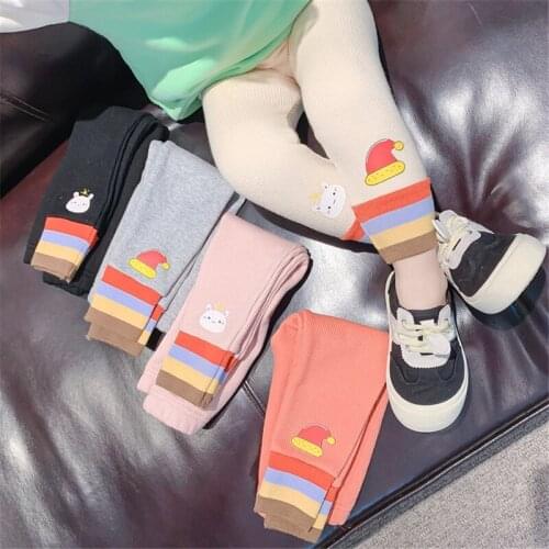 2-7 Y Baby Girls Leggings Autumn Winter New Kids Cartoon Striped Plus Velvet Pants Cute Print Thicken Warm Leggings For Girls
