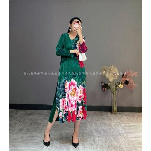 HOT SELLING Miyake Fashion fold Nine points sleeve Chinese style peony print o-neck A-Line dress IN STOCK