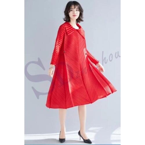 HOT SELLING Miyake fashion fold in the womens pure color dress turn-down collar wrist dress IN STOCK