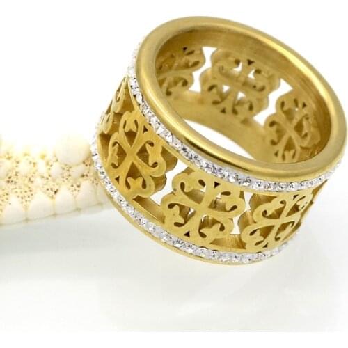 Fashion Brand Trendy Flower Vintage Wedding Rings For Women Classic Design Gold Colour Stainless Steel 2 Row Zircon Crystal Ring