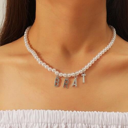 Trendy Simple White Pearl Necklaces For Women Fashion Silver Color Letter BRAT Pendants Necklace Ladies Party Jewelry Gifts