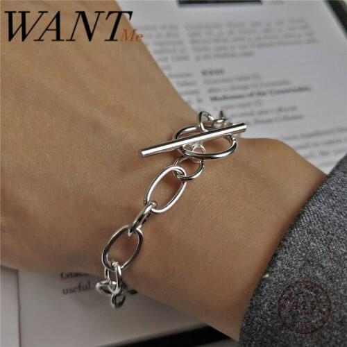 WANTME Korean Real 925 Sterling Silver Mens Cuban Link Chain Charm OT Buckle Bracelet for Fashion Women Punk Bohemian Jewelry