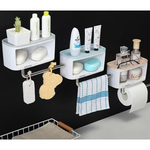 Wall-Mounted Bathroom Storage Shelve Box with Towel Bar Toiletrie Sundries Holder Kitchen Rack Toliet Shower Room