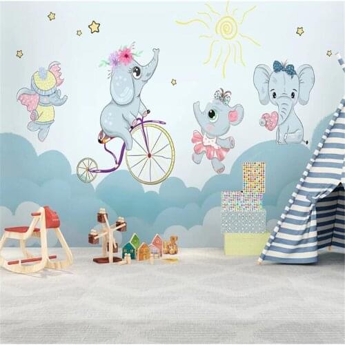 Milofi custom mural wallpaper wall cloth cute cartoon elephant riding a bicycle pink clouds children background wall