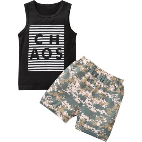 New Kids Baby Boys 2-piece Outfit Set Sleeveless Letter Print Tops+Camouflage Shorts Set
